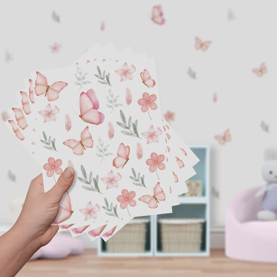 30 Adesivos de Parede Borboletas e Flores Aquarela Infantil