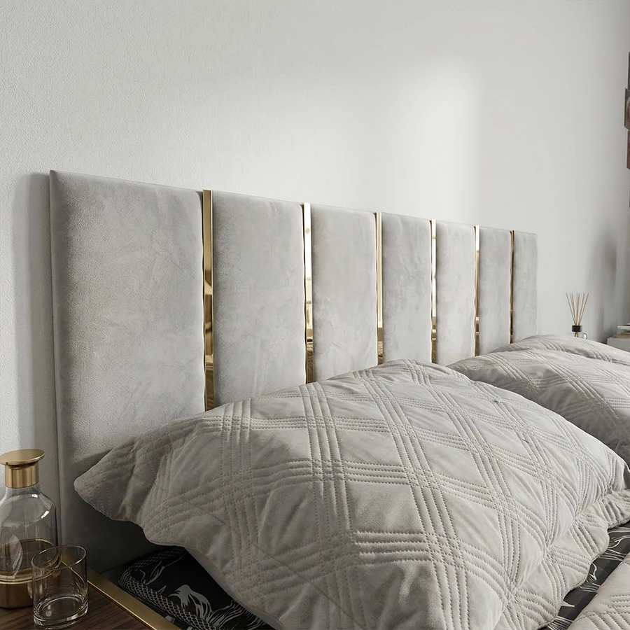 Cabeceira Modular Estofada com Detalhe Acrílico Dourado e Prata