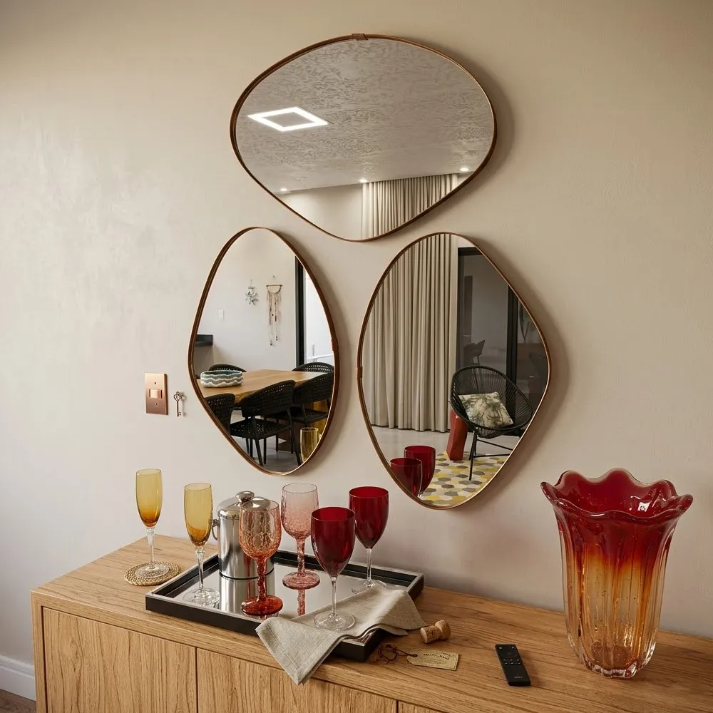 Kit 3 Espelhos Orgânicos Decorativos com Moldura Detalhe Costurado